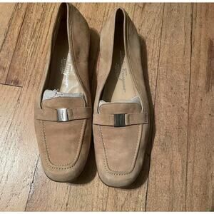 Salvatore Ferragamo Shoes Loafers Tan Beige Classic Silver Suede 10 B